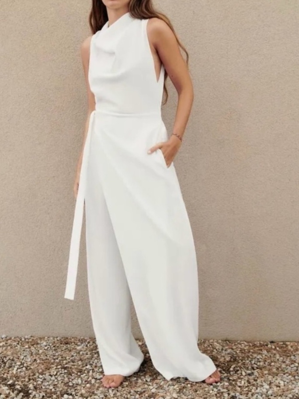 ZARA White Cowl Neck Drape Sleeveless Pareo Wrap Wide Leg Maxi Jumpsuit $89.90